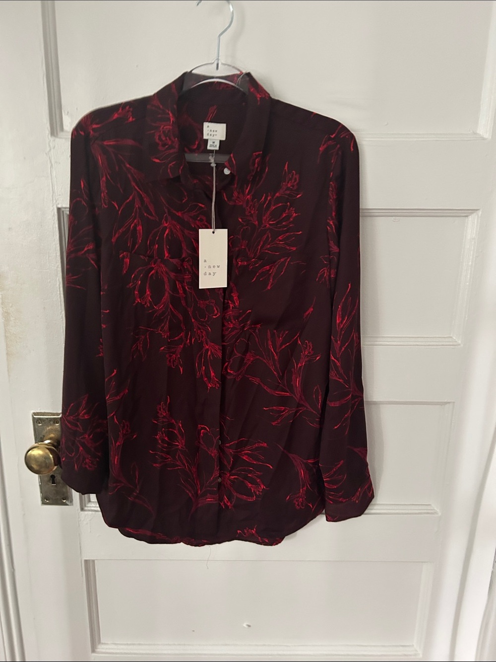 a new day Burgundy Button-Down Shirt with Red Floral Print, W Med, NWT